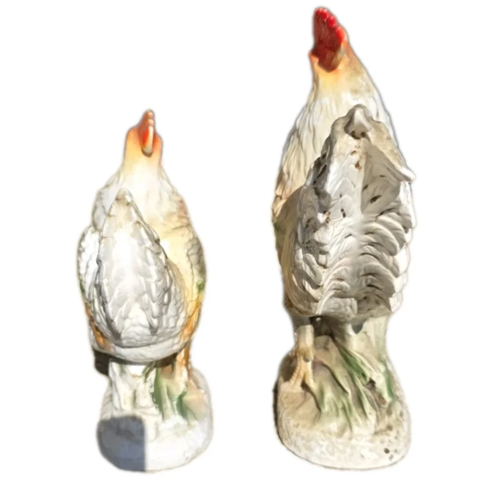 Vintage Rooster and Hen Large Ceramic Figurine 2 pc White Red Gray Antique Decor